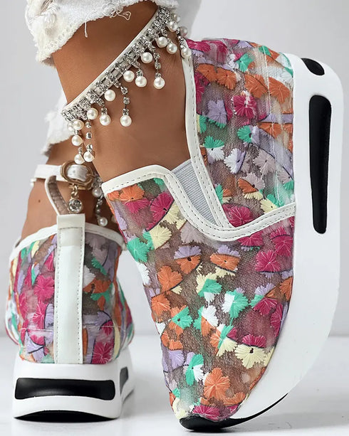 Casual Peep Toe Elastic Strap Slope Heel Sneaker Multicolor