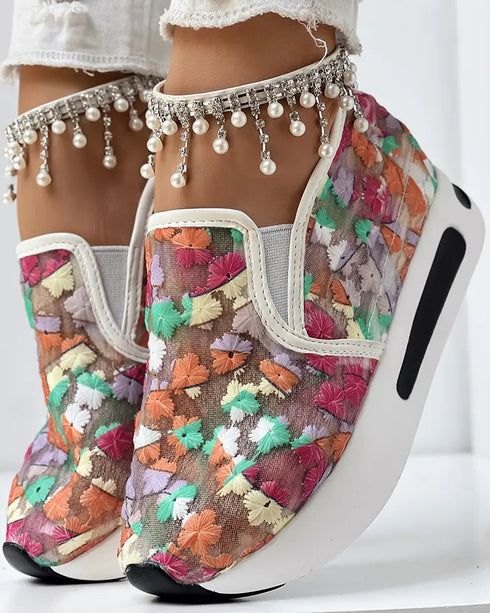 Casual Peep Toe Elastic Strap Slope Heel Sneaker Multicolor