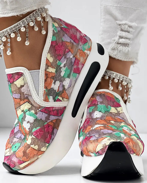 Casual Peep Toe Elastic Strap Slope Heel Sneaker Multicolor