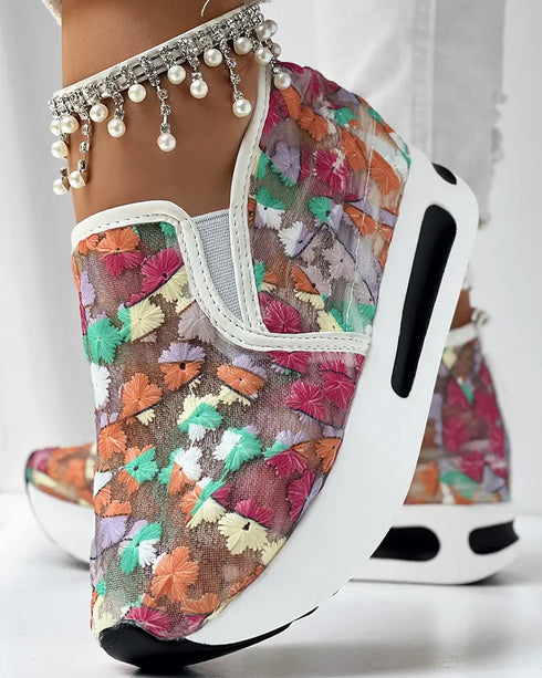 Casual Peep Toe Elastic Strap Slope Heel Sneaker Multicolor