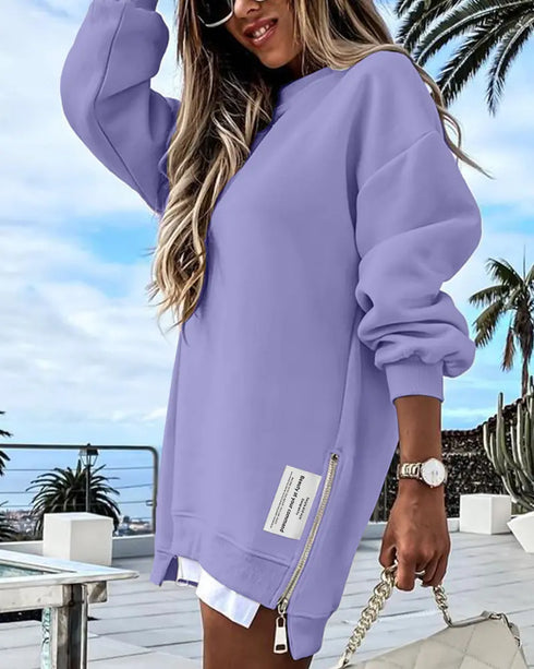 Long Sleeve Pocket Design Pullover Sweatshirt Casual Faux Two Piece Longline Drawstring Hooded Top purple