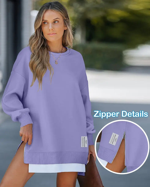 Letter Patch Detail Long Sleeve Drop Shoulder Pullover Sweatshirt Casual Zipper Side Slit Top purple