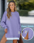 Letter Patch Detail Long Sleeve Drop Shoulder Pullover Sweatshirt Casual Zipper Side Slit Top purple