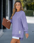 Letter Patch Detail Long Sleeve Drop Shoulder Pullover Sweatshirt Casual Zipper Side Slit Top purple