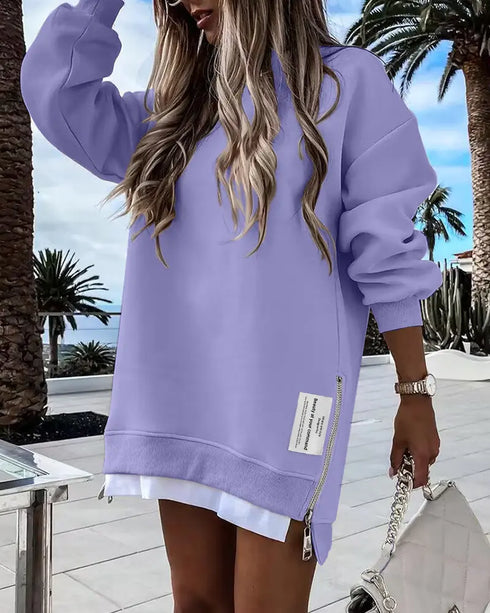 Letter Patch Detail Long Sleeve Drop Shoulder Pullover Sweatshirt Casual Zipper Side Slit Top purple