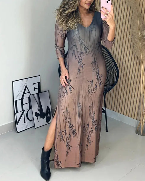 Ombre & Plants Print V-Neck Three Quarters Sleeve Side Slit Vacation Dress khaki