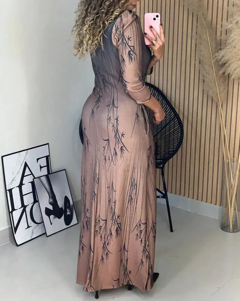 Ombre & Plants Print V-Neck Three Quarters Sleeve Side Slit Vacation Dress khaki