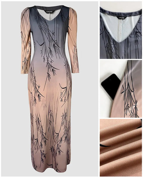 Ombre & Plants Print V-Neck Three Quarters Sleeve Side Slit Vacation Dress khaki