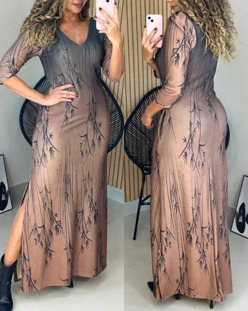 Ombre & Plants Print V-Neck Three Quarters Sleeve Side Slit Vacation Dress khaki