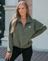 Stand Collar Zipper Design Casual Sweatshirt Army green