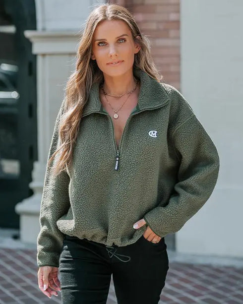 Stand Collar Zipper Design Casual Sweatshirt Army green