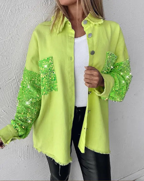 Sequin Decor Turn-down Collar Button Front Pockets Design Denim Coat Casual Fuzzy Spliced Raw Trim Shacket light green