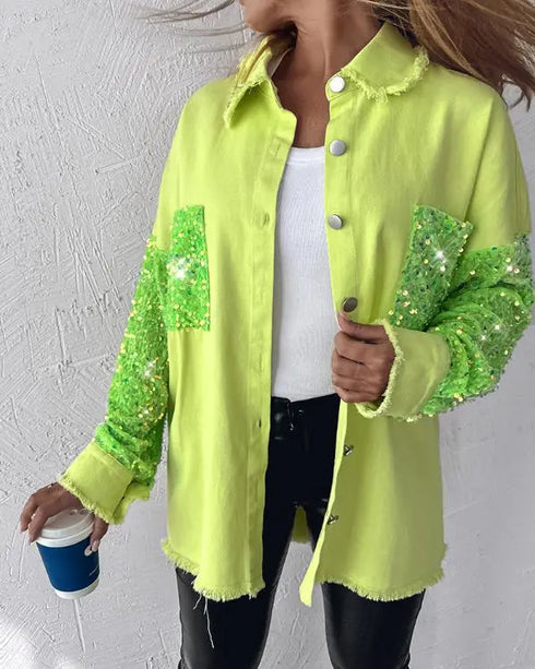 Casual Jacket Sequin Patchwork Long Sleeve Jacket Top Button Front Raw Hem Oversized Denim Shacket light green