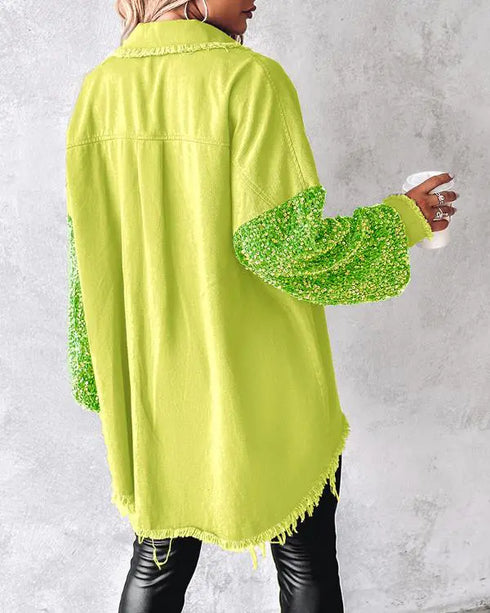 Sequin Decor Turn-down Collar Button Front Pockets Design Denim Coat Casual Fuzzy Spliced Raw Trim Shacket light green