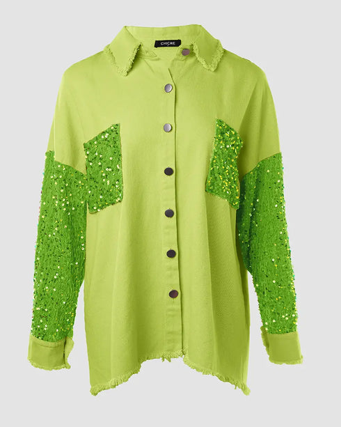Contrast Sequin Turn-down Collar Long Sleeve Tassel Design Fuzzy Shacket with Pocket light green