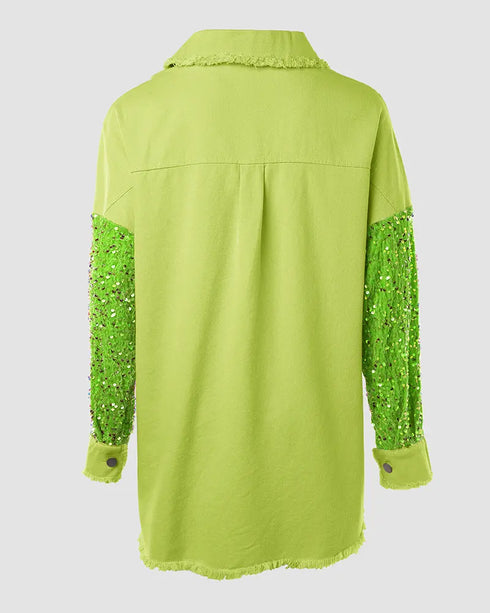 Sequin Decor Turn-down Collar Button Front Pockets Design Denim Coat Casual Fuzzy Spliced Raw Trim Shacket light green