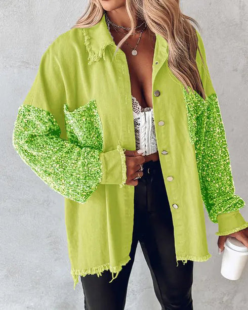 Casual Jacket Sequin Patchwork Long Sleeve Jacket Top Button Front Raw Hem Oversized Denim Shacket light green