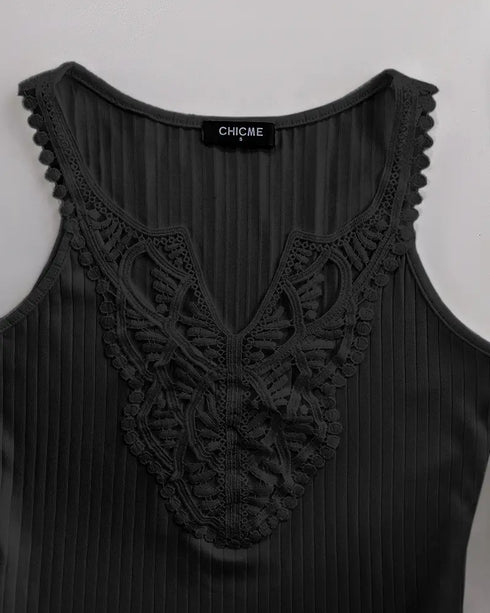 Contrast Lace V Neck Sleeveless Knit Top Casual Slim Fit Tank black
