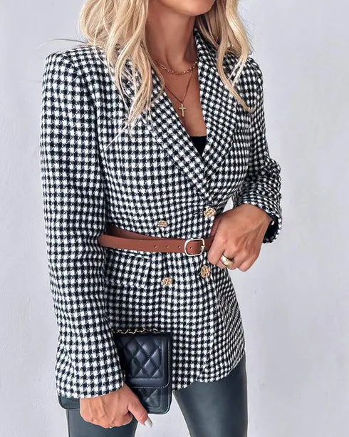2 Piece Blazer Notched Collar Plaid Print Coat Drawstring Pants Set with Pockets Casual Suits blackwhite