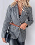 2 Piece Blazer Notched Collar Plaid Print Coat Drawstring Pants Set with Pockets Casual Suits blackwhite
