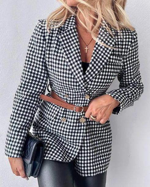 Houndstooth Pattern Double Breasted Blazer With Belt blackwhite