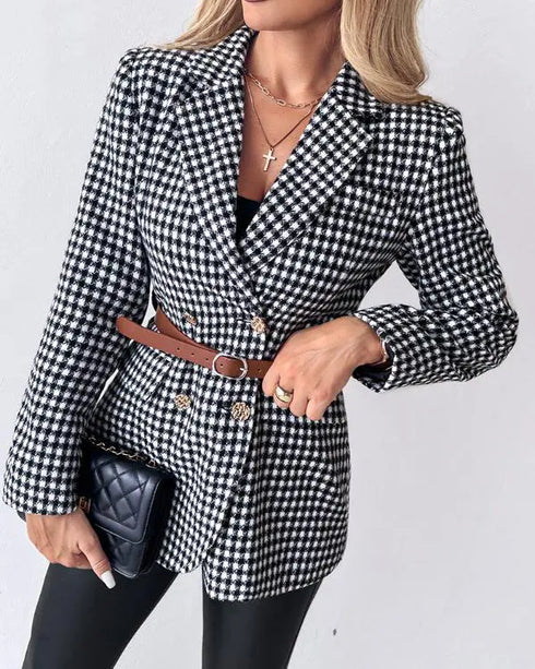 Houndstooth Pattern Double Breasted Blazer With Belt blackwhite
