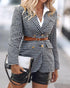 Houndstooth Pattern Double Breasted Blazer With Belt blackwhite