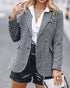 2 Piece Blazer Notched Collar Plaid Print Coat Drawstring Pants Set with Pockets Casual Suits blackwhite