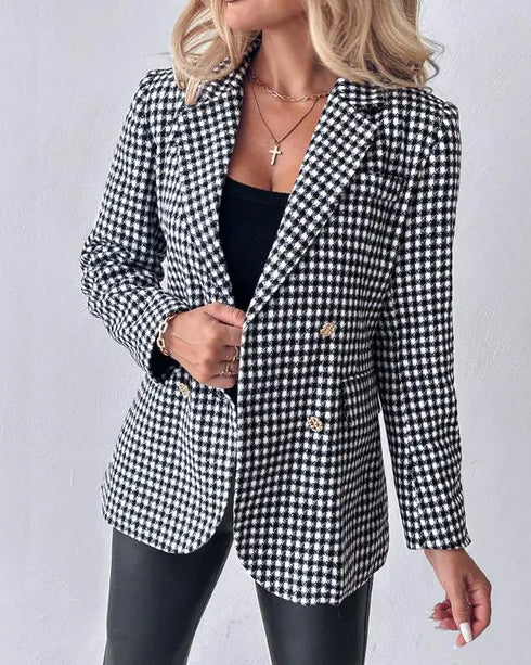 2 Piece Blazer Notched Collar Plaid Print Coat Drawstring Pants Set with Pockets Casual Suits blackwhite