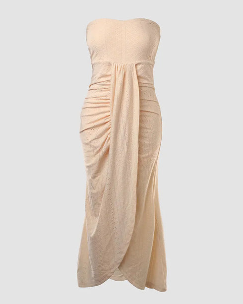 Sleeveless Ruched Cinched Waist Draped Bandeau Dress Eyelet Embroidery Slit Asymmetrical Hem Vacation Dress yellow