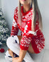 Christmas Reindeer Mixed Pattern Crewneck Long Sleeve Dress Pullover Slim Fit Sweater Dress red