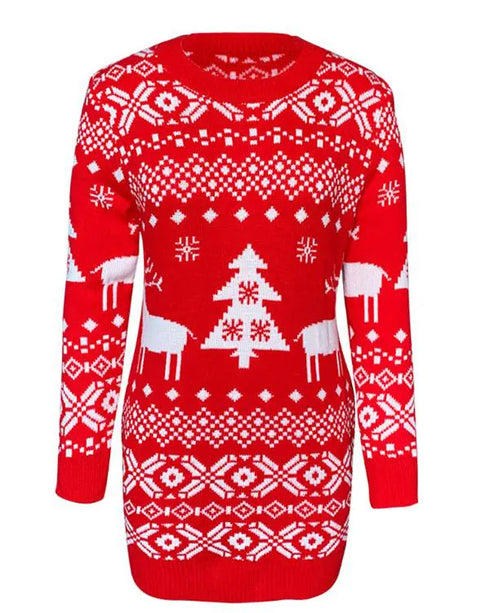 Christmas Reindeer Mixed Pattern Crewneck Long Sleeve Dress Pullover Slim Fit Sweater Dress red