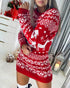 Christmas Reindeer Mixed Pattern Crewneck Long Sleeve Dress Pullover Slim Fit Sweater Dress red