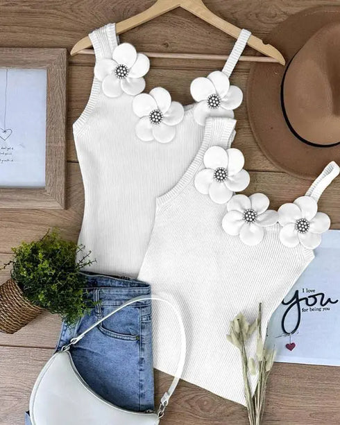 2 Pack Solid 3D Flower Tank Top Asymmetrical Neck Sleeveless Casual Ribbed Knit Camisole style6