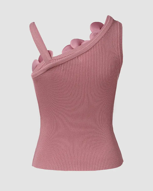2 Pack Solid 3D Flower Tank Top Asymmetrical Neck Sleeveless Casual Ribbed Knit Camisole style6
