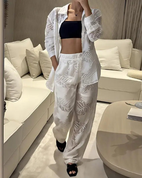 2 Pieces Outfit Jacquard Floral Turn-down Collar Button Front Pockets Design Top and Casual Elastic Back Waist Pants Set With Lining white