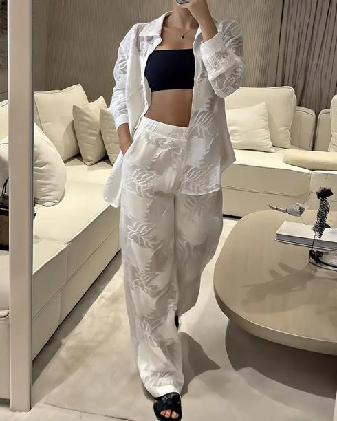 2 Pieces Outfit Jacquard Floral Turn-down Collar Button Front Pockets Design Top and Casual Elastic Back Waist Pants Set With Lining white