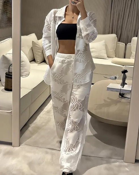 2 Pieces Outfit Jacquard Floral Turn-down Collar Button Front Pockets Design Top and Casual Elastic Back Waist Pants Set With Lining white