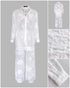 2 Pieces Outfit Jacquard Floral Turn-down Collar Button Front Pockets Design Top and Casual Elastic Back Waist Pants Set With Lining white