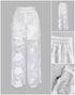 2 Pieces Outfit Jacquard Floral Turn-down Collar Button Front Pockets Design Top and Casual Elastic Back Waist Pants Set With Lining white