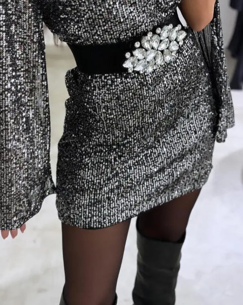 Elegant Rhinestone Belt Allover Sequin Bodycon Dress V-Neck Cape Sleeve Party Club Dress silver