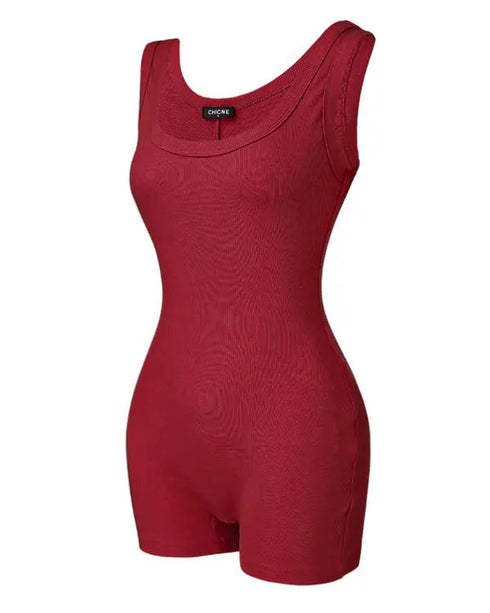 Ribbed U-Neck Yoga Romper Workout One Piece Seamless Tank Top Jumpsuit red