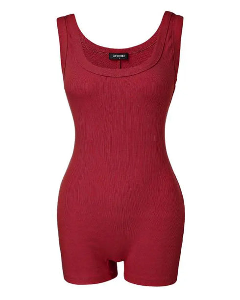 Ribbed U-Neck Yoga Romper Workout One Piece Seamless Tank Top Jumpsuit red