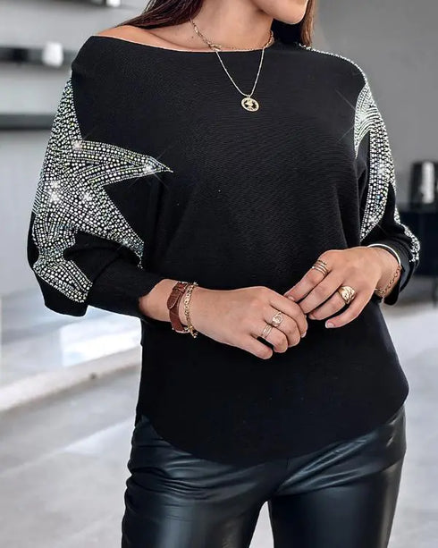 Pullover Knit Sweaters Crewneck Batwing Sleeve Rhinestone Star Pattern Top black