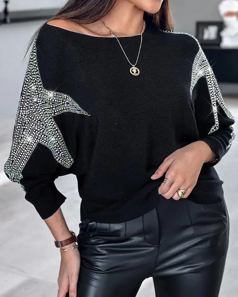 Pullover Knit Sweaters Crewneck Batwing Sleeve Rhinestone Star Pattern Top black