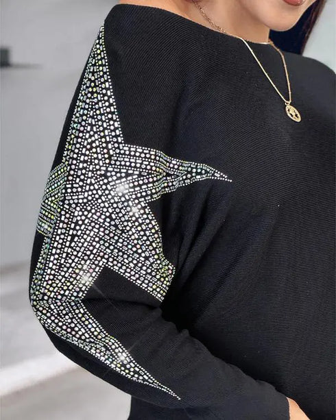 Pullover Knit Sweaters Crewneck Batwing Sleeve Rhinestone Star Pattern Top black