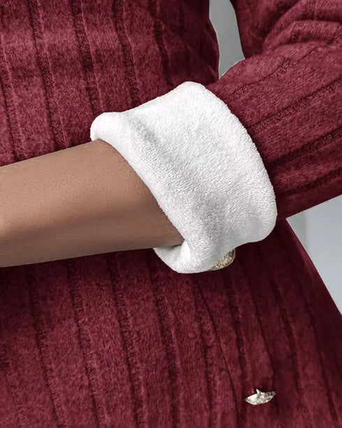 Polo V-Neck Long Sleeve Fleece Lined Bodycon Dress Slit Button Decor Ribbed Mini Dress Wine red