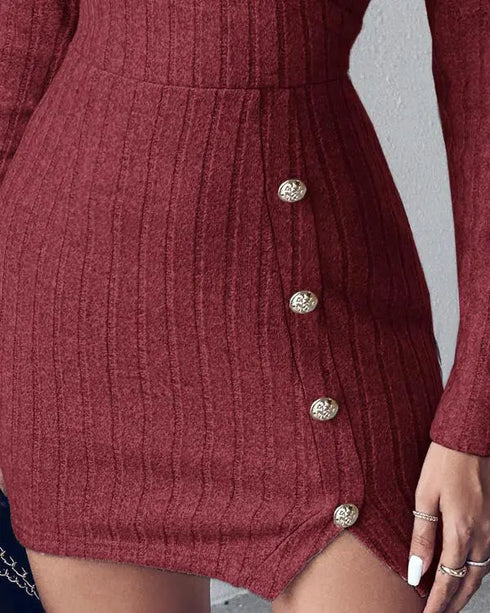 Polo V-Neck Long Sleeve Fleece Lined Bodycon Dress Slit Button Decor Ribbed Mini Dress Wine red