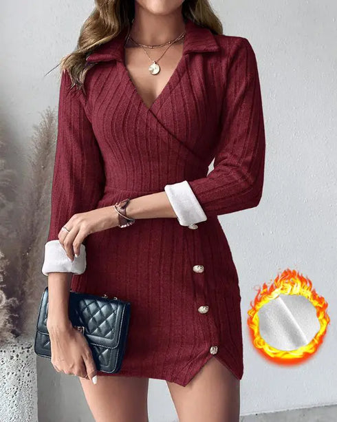 Polo V-Neck Long Sleeve Fleece Lined Bodycon Dress Slit Button Decor Ribbed Mini Dress Wine red
