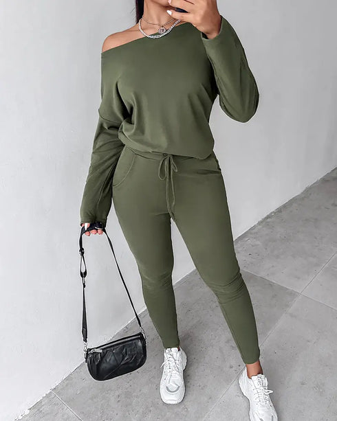 2 Piece Faith Geometric Print Outfit Long Sleeve Skew Neck Pullover Tops Stretchy Waist Pants Set Tracksuit green